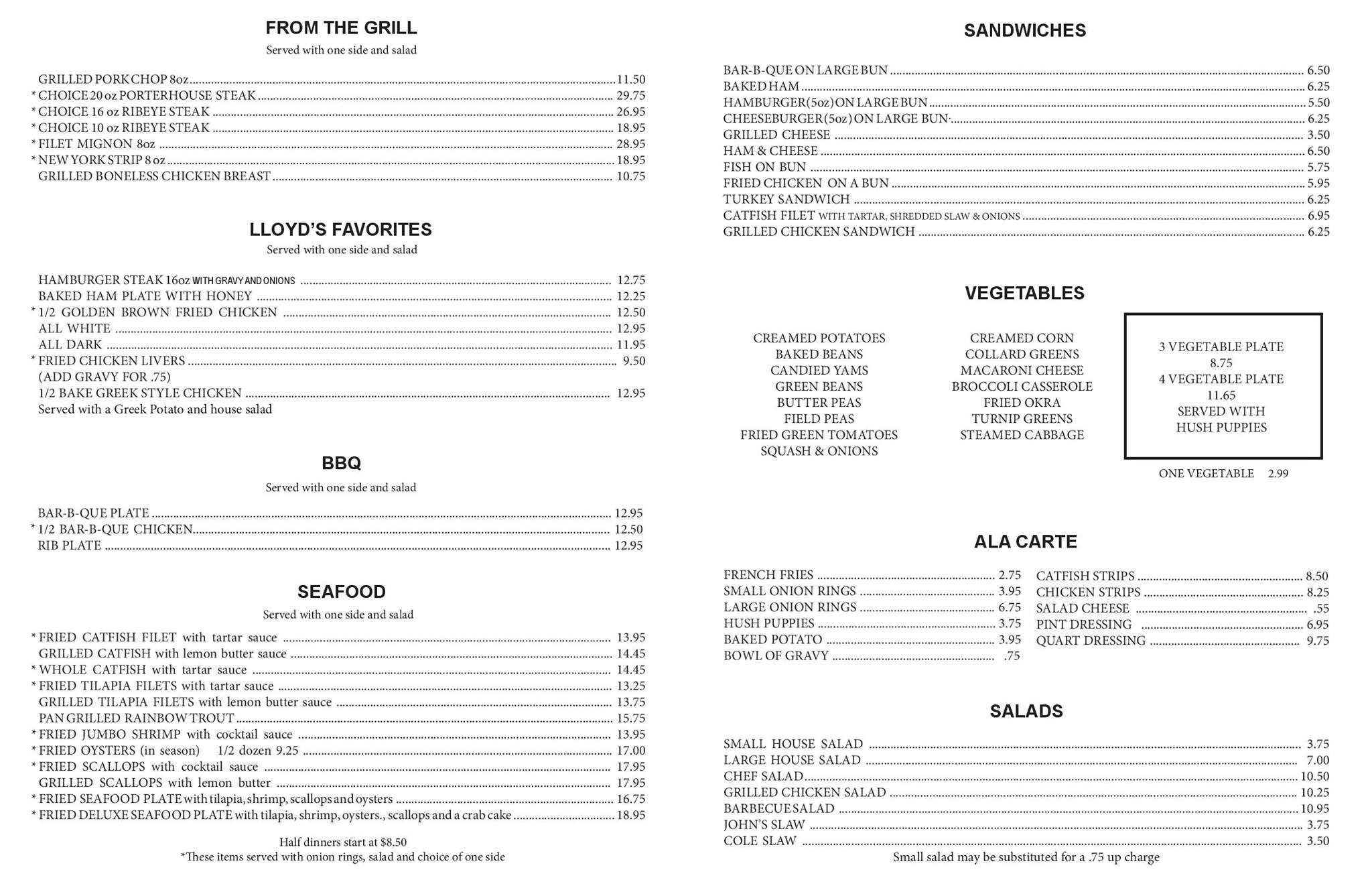 Lloyds Restaurant General Menu