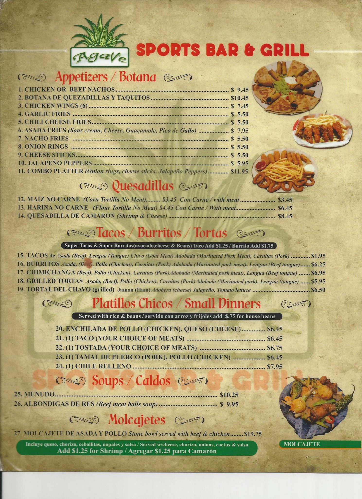 Agave Sports Bar & Grill General Menu