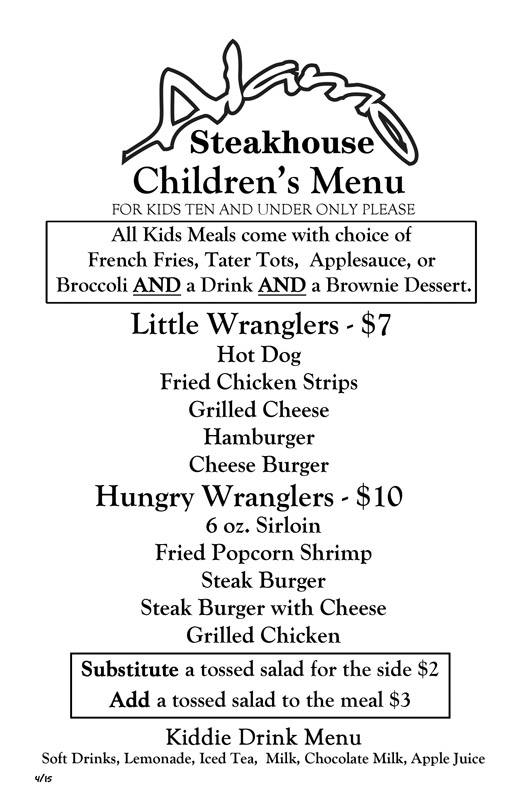 Alamo Steakhouse Gatlinburg Kids Menu