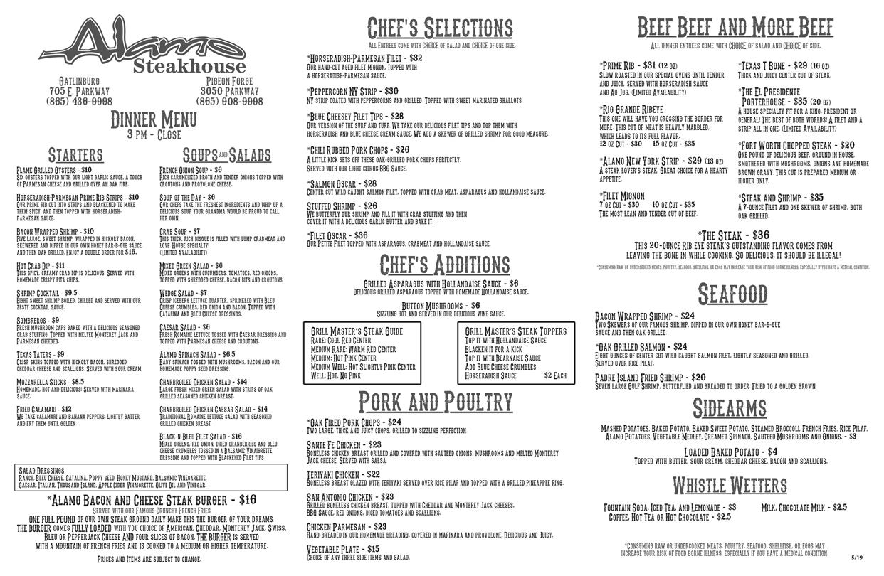 Alamo Steakhouse Pigeon Forge Dinner Menu