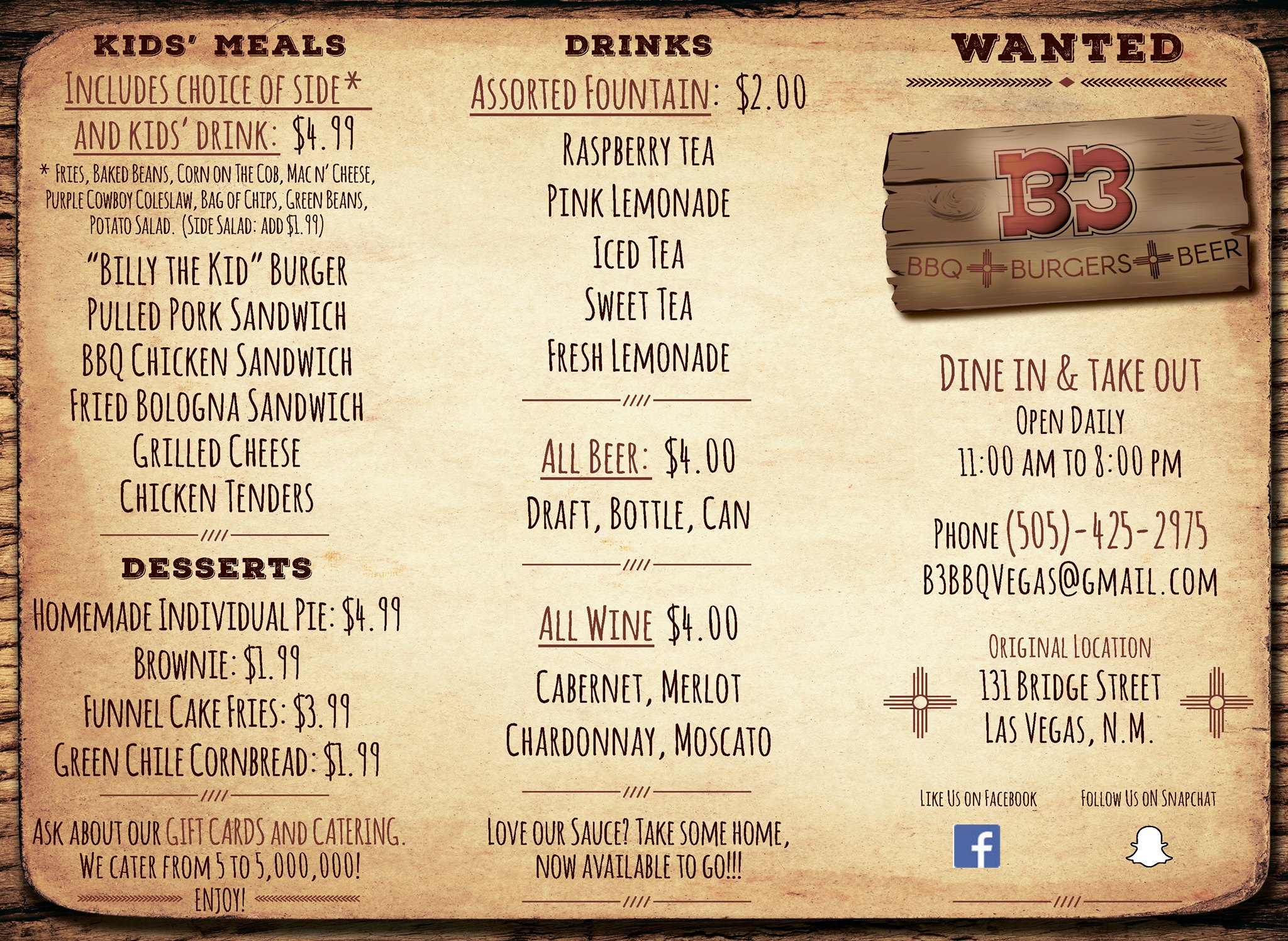 B3 BBQ Restaurant  General Menu