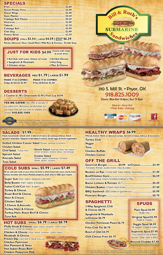 Bill & Ruth's Subs and Burgers Pryor General Menu