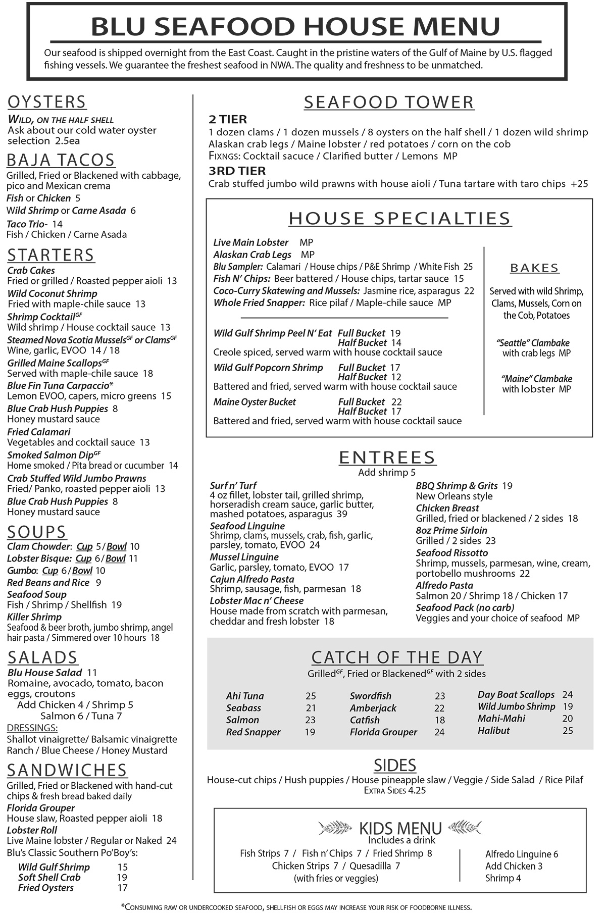 Blu Fish House & Raw Bar General Menu