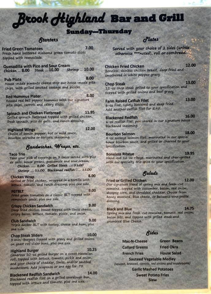 Brook Highland Bar & Grill General Menu