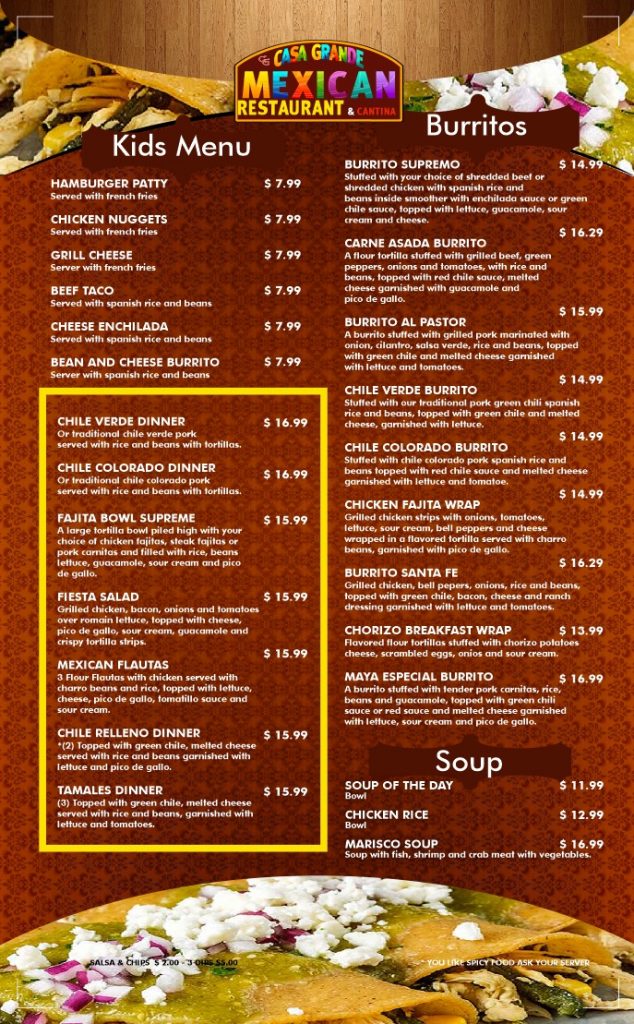 Casa Grande Mexican Restaurant General Menu