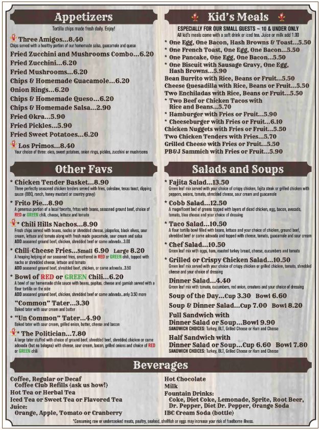 Chili Hills Restaurant Edgewood General Menu