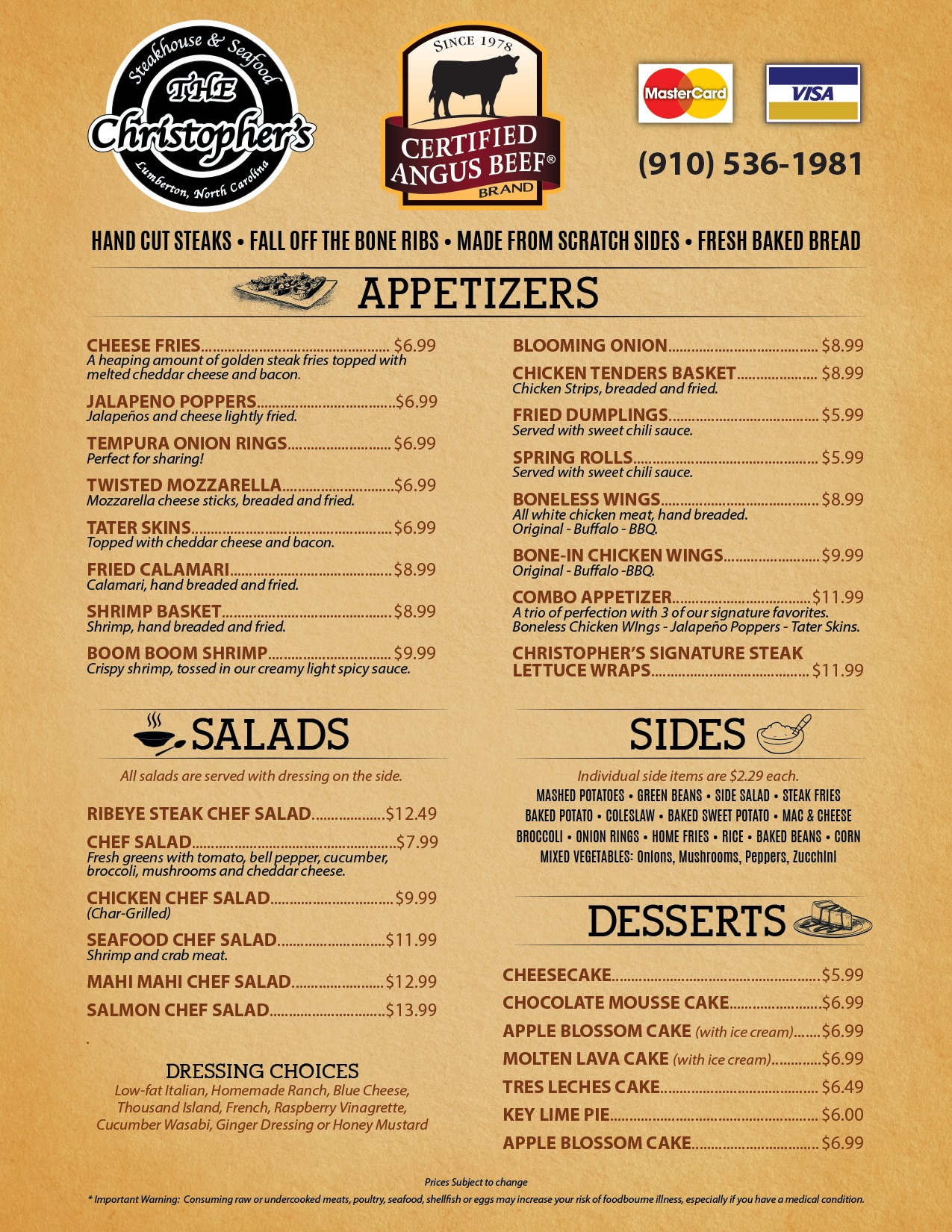 Christopher's Steakhouse & Seafood General Menu