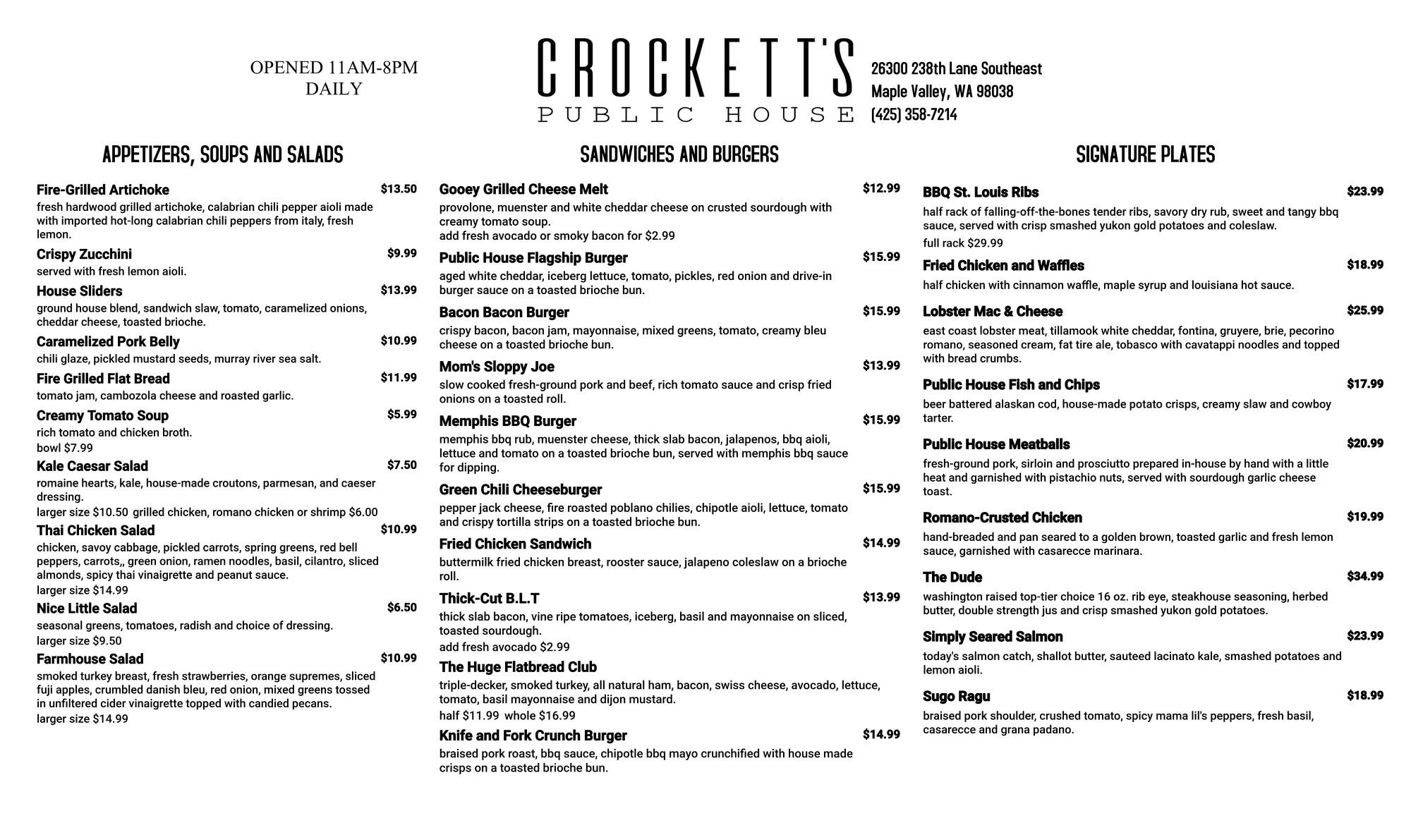 Crockett's Public House General Menu