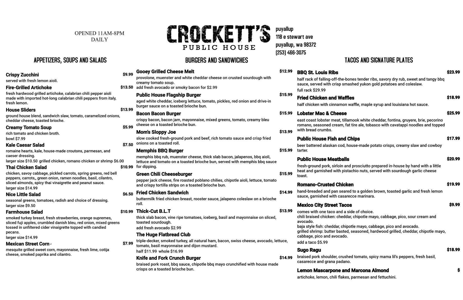 Crockett's Public House General Menu