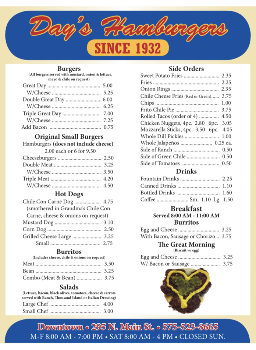 Days Hamburgers General Menu