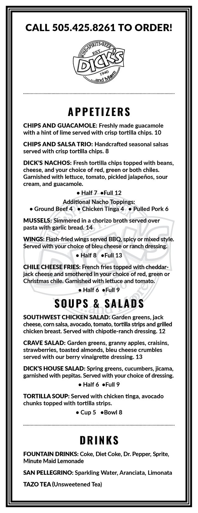 Dick’s Pub & Restaurant General Menu