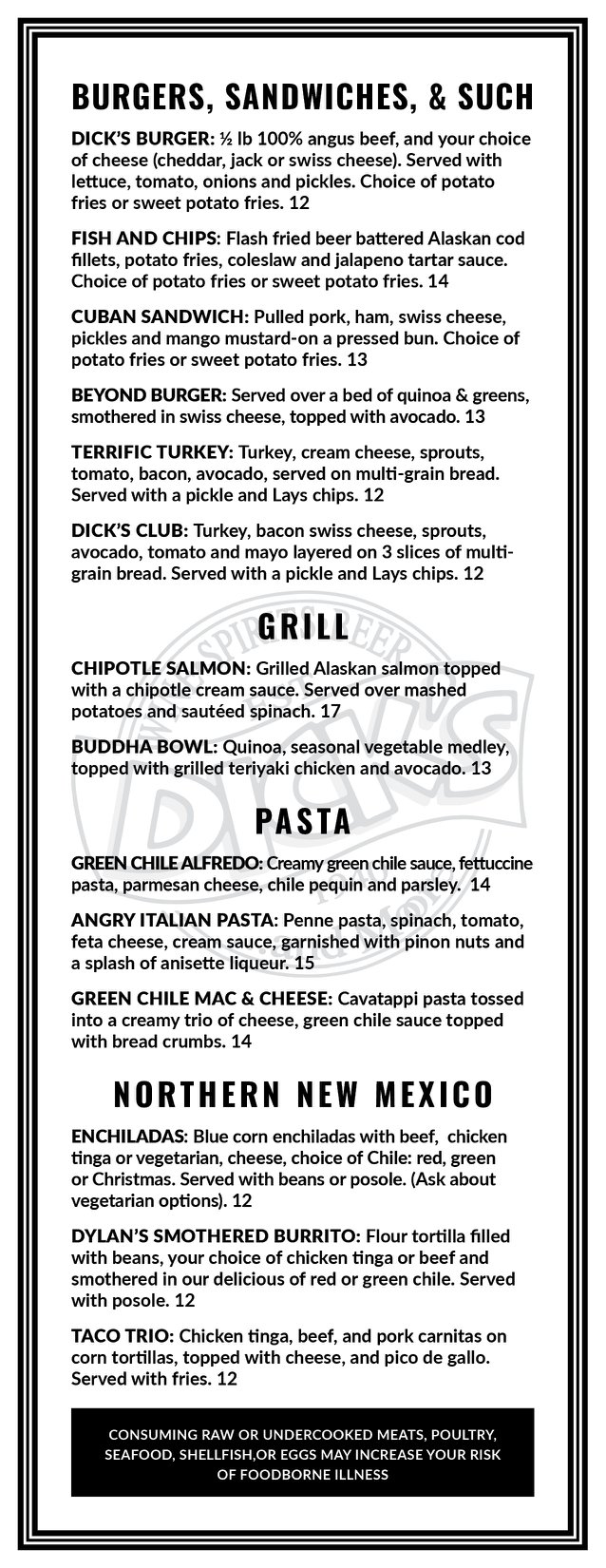 Dick’s Pub & Restaurant General Menu