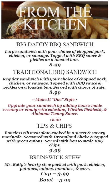 Dreamland BBQ Southside General Menu