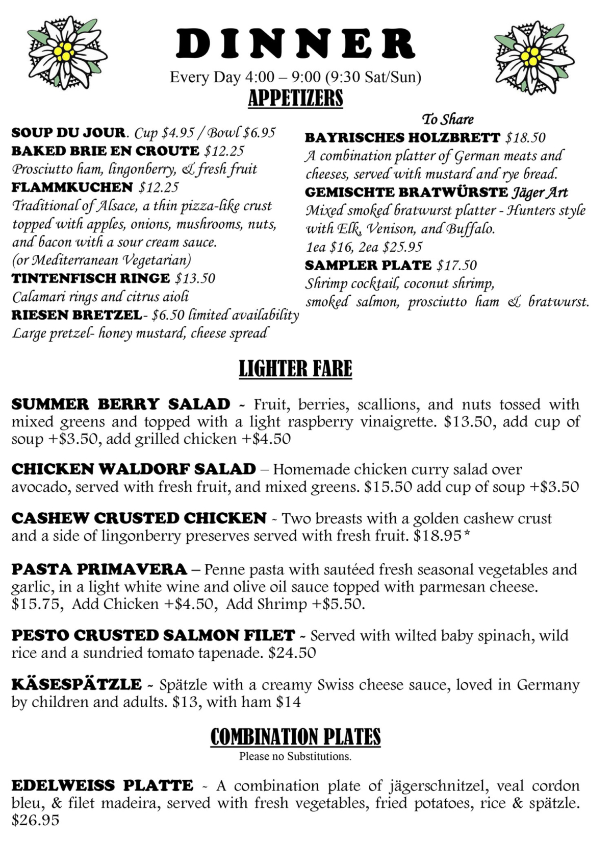 Edelweiss German Restaurant General Menu