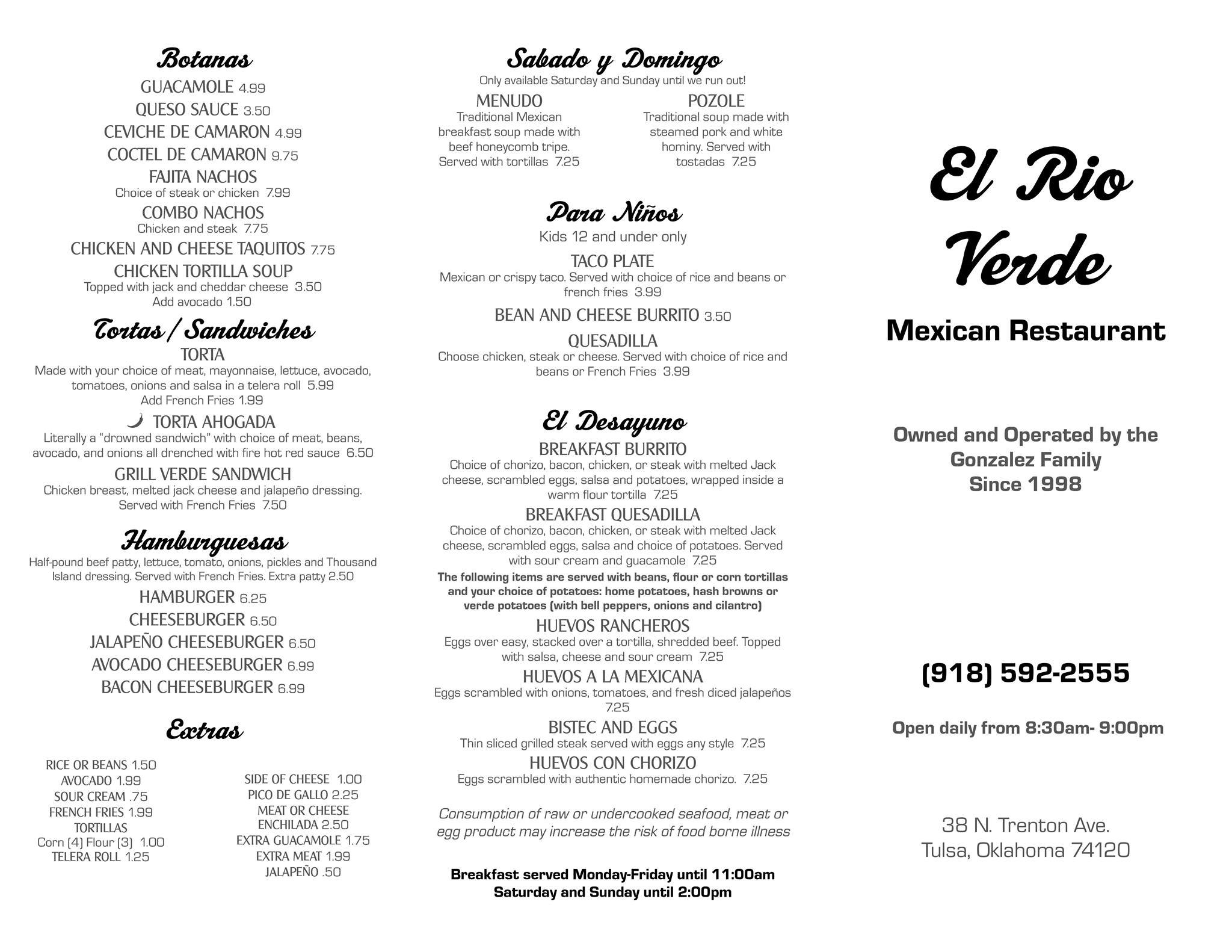 El Rio Verde Restaurant General Menu