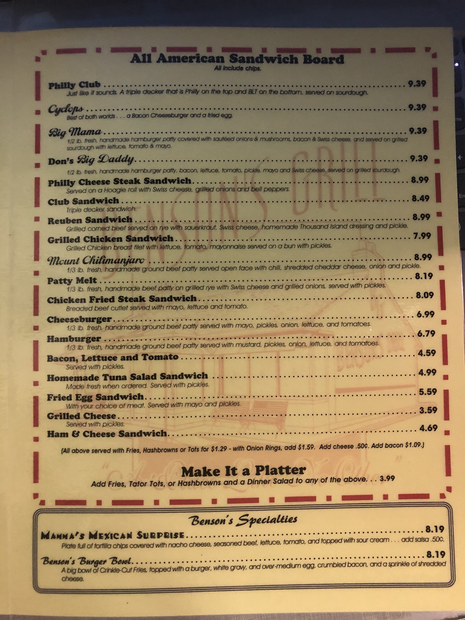 Emmy's German Restaurant General Menu