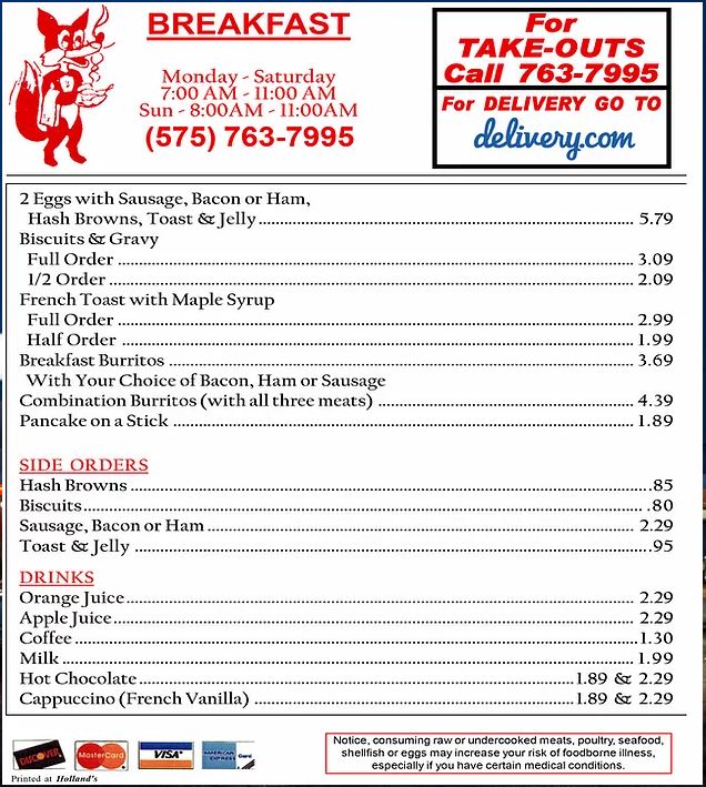 Foxy's Drive In General Menu