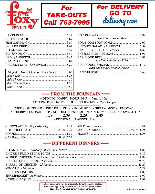 Foxy's Drive In General Menu