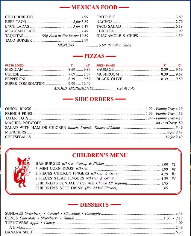 Foxy's Drive In General Menu