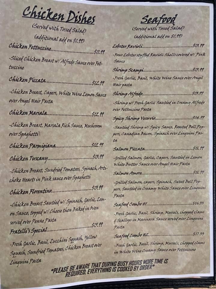 Fratelli's Italian grill General Menu