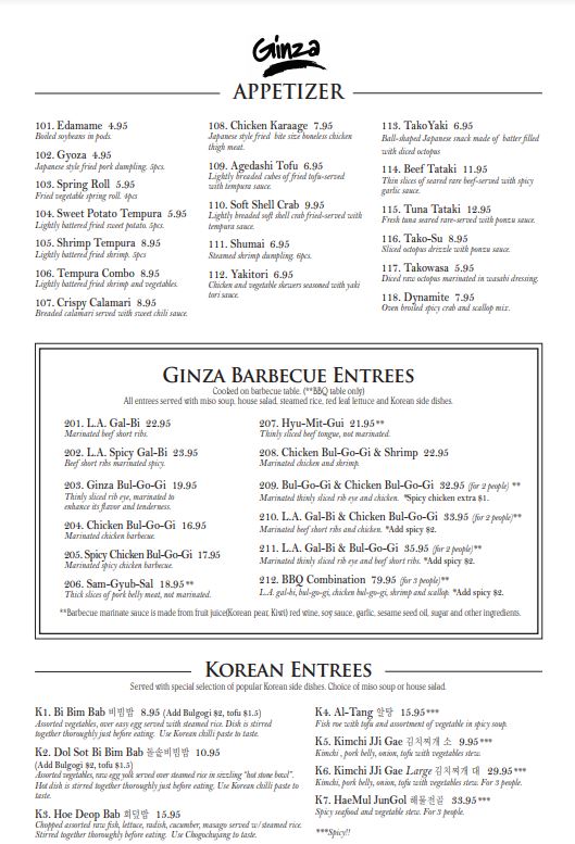 Ginza Sushi & Korean BBQ General Menu