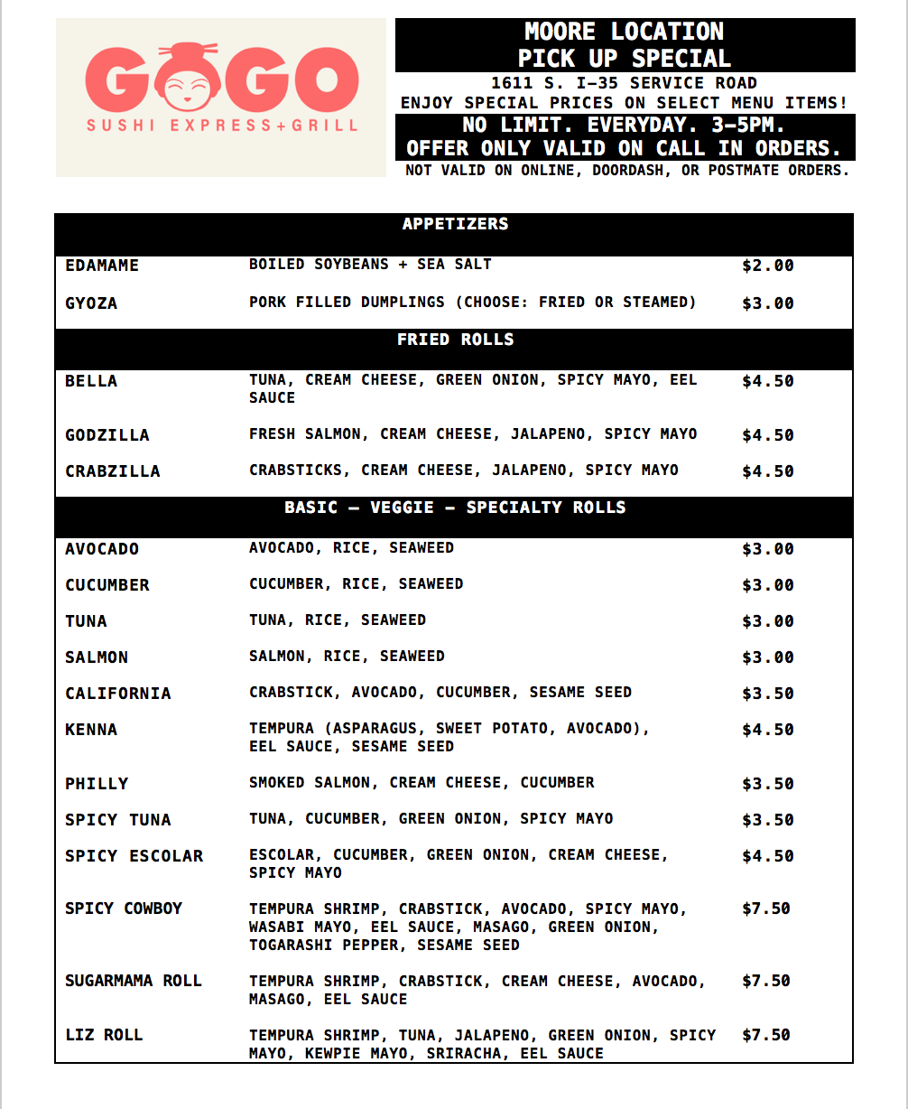 GoGo Sushi General Menu