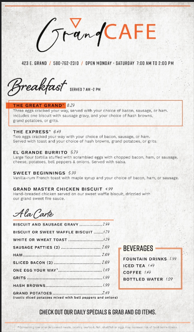 Grand Cafe General Menu