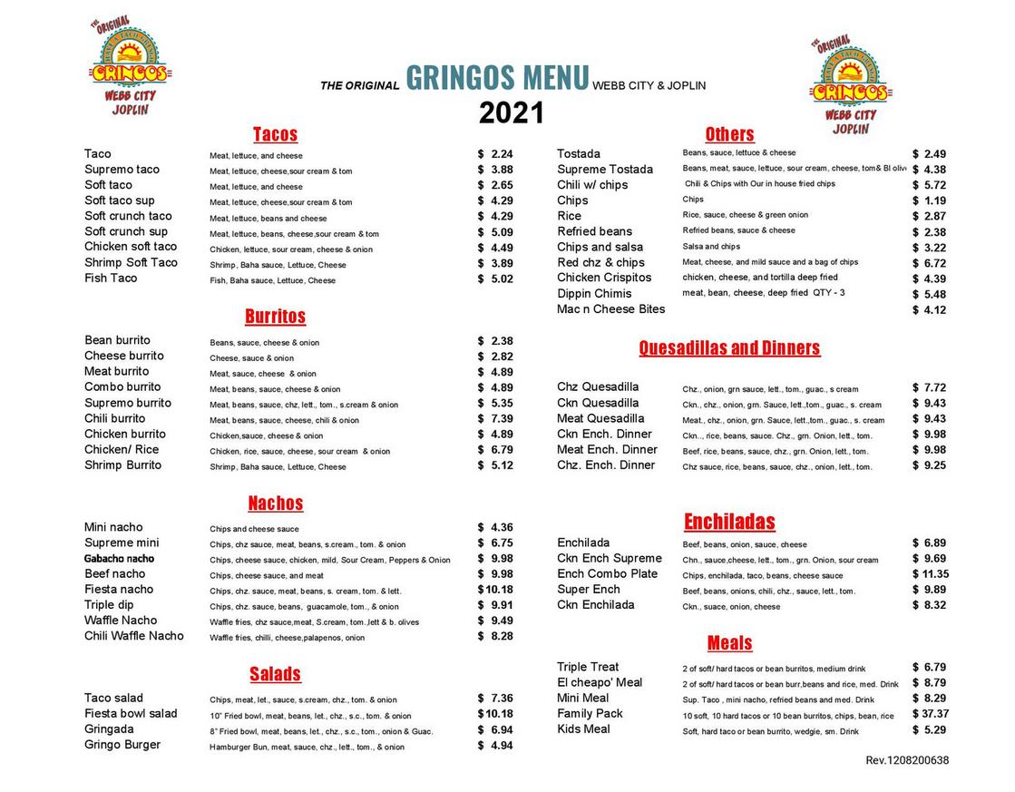 Gringos General Menu