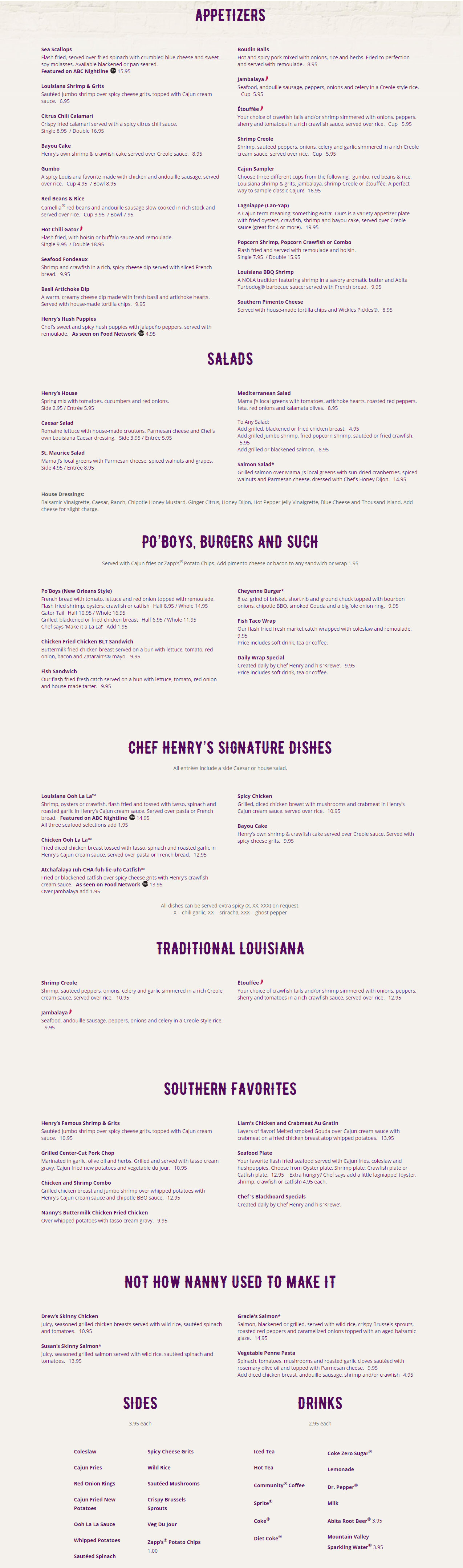 Henry's Louisiana Grill Lunch Menu