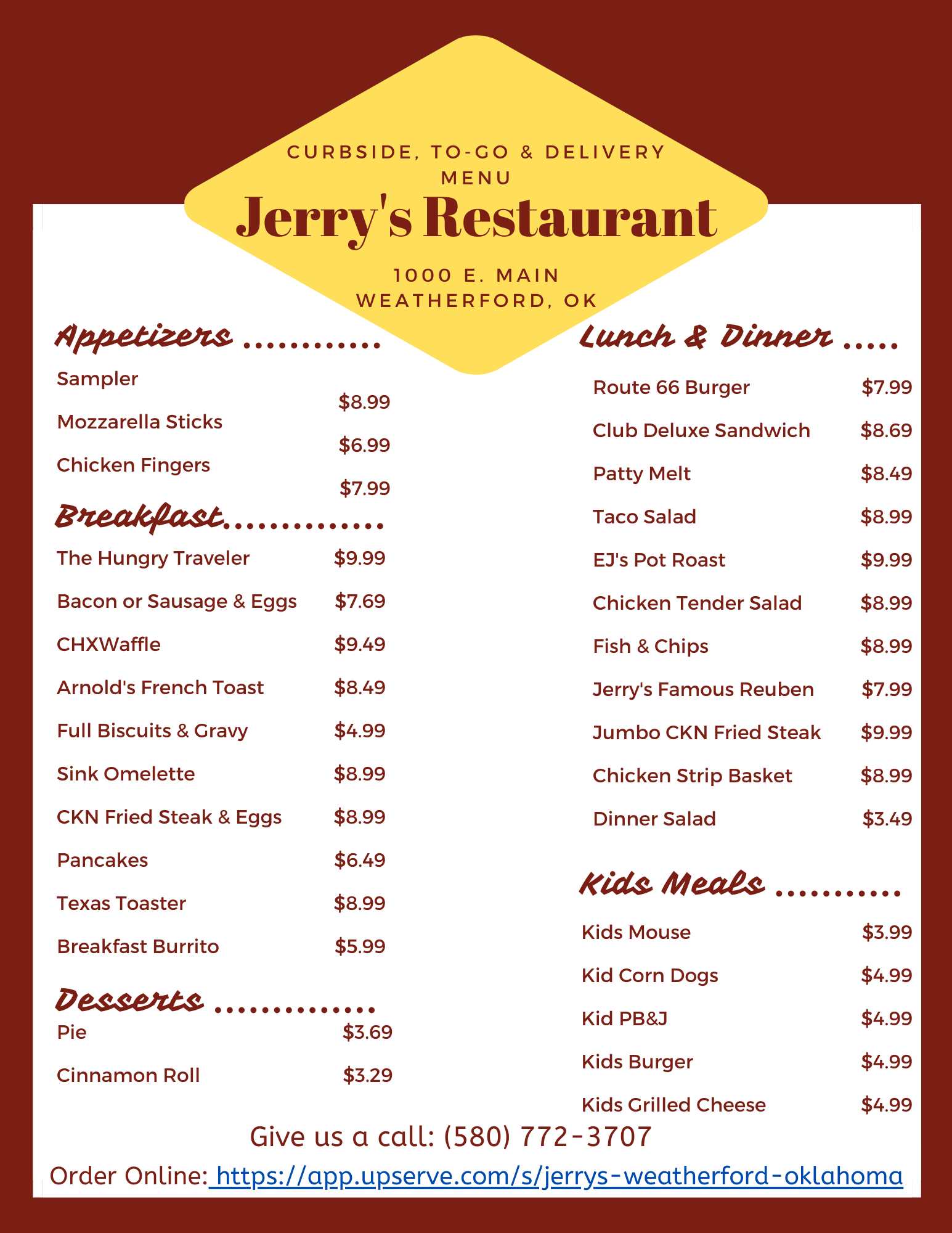 Jerry's Restaurant General Menu