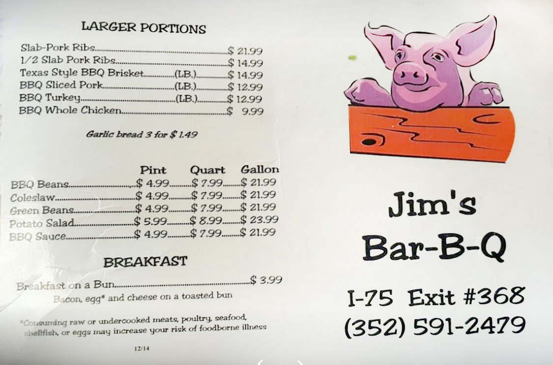 Jim's Bar-B-Que General Menu