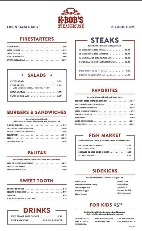 K-Bob's Steakhouse General Menu