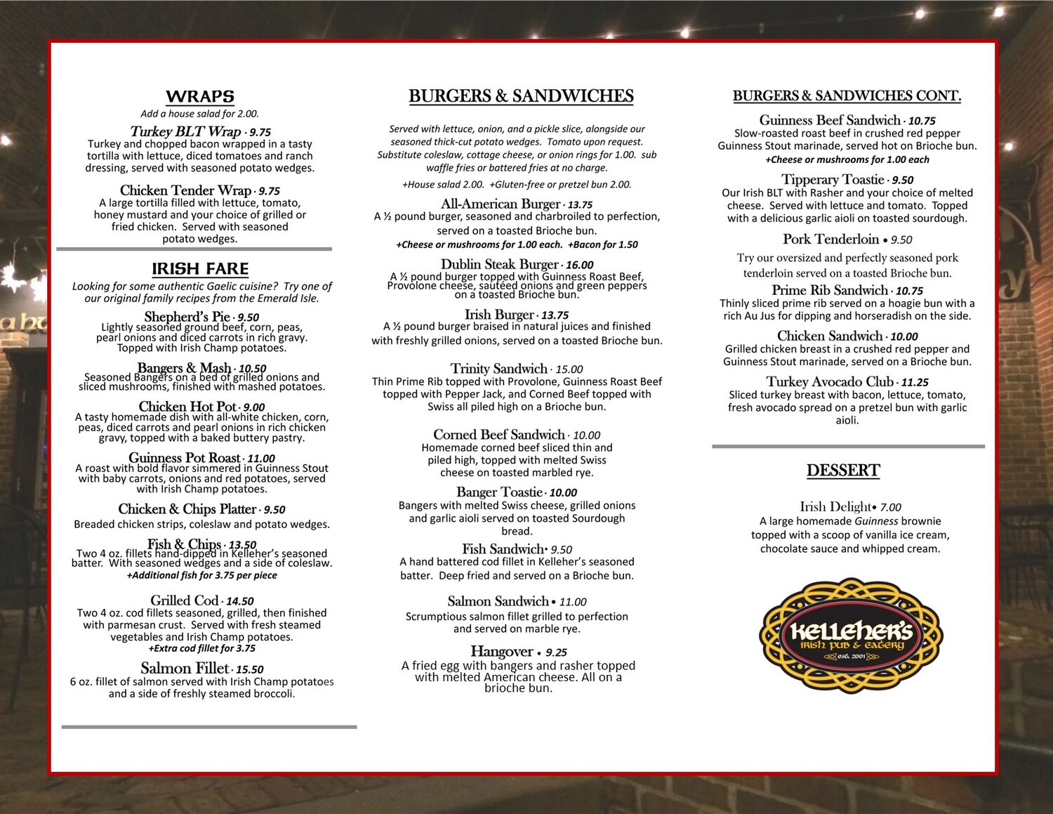 Kelleher's Irish Pub & Eatery General Menu