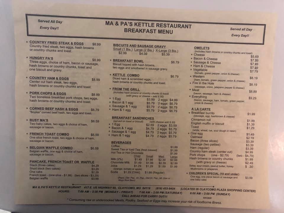 Ma & Pa's Kettle Restaurant General Menu