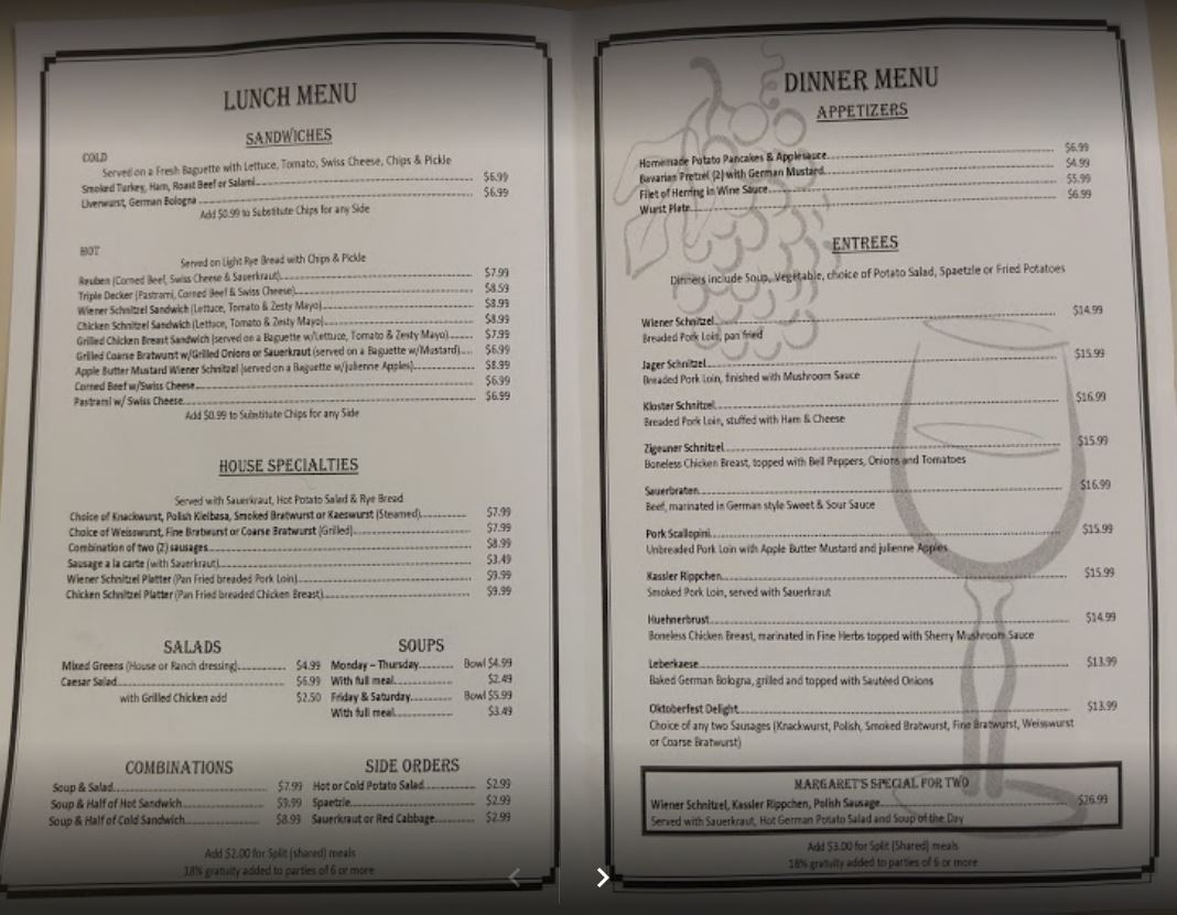 Margaret's German Restaurant General Menu