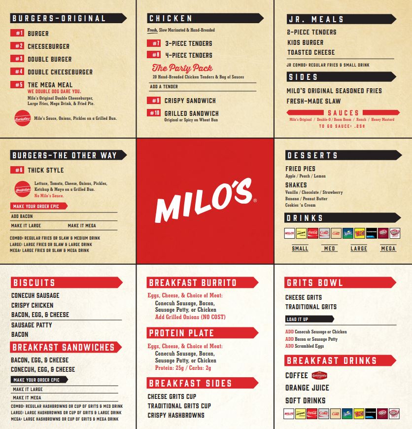 Milo's Hamburgers General Menu