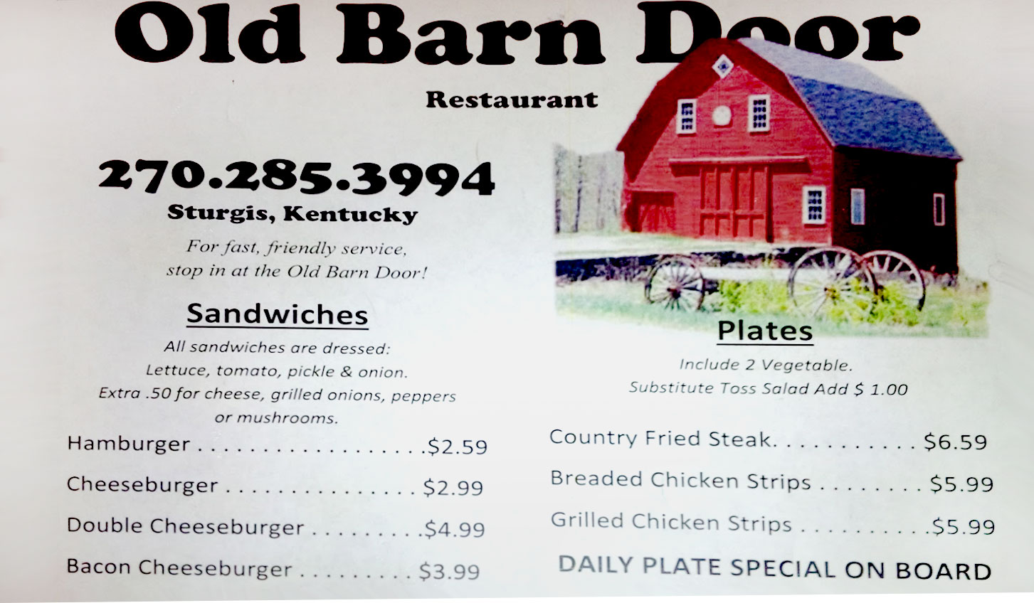 Old Barn Door Restaurant General Menu