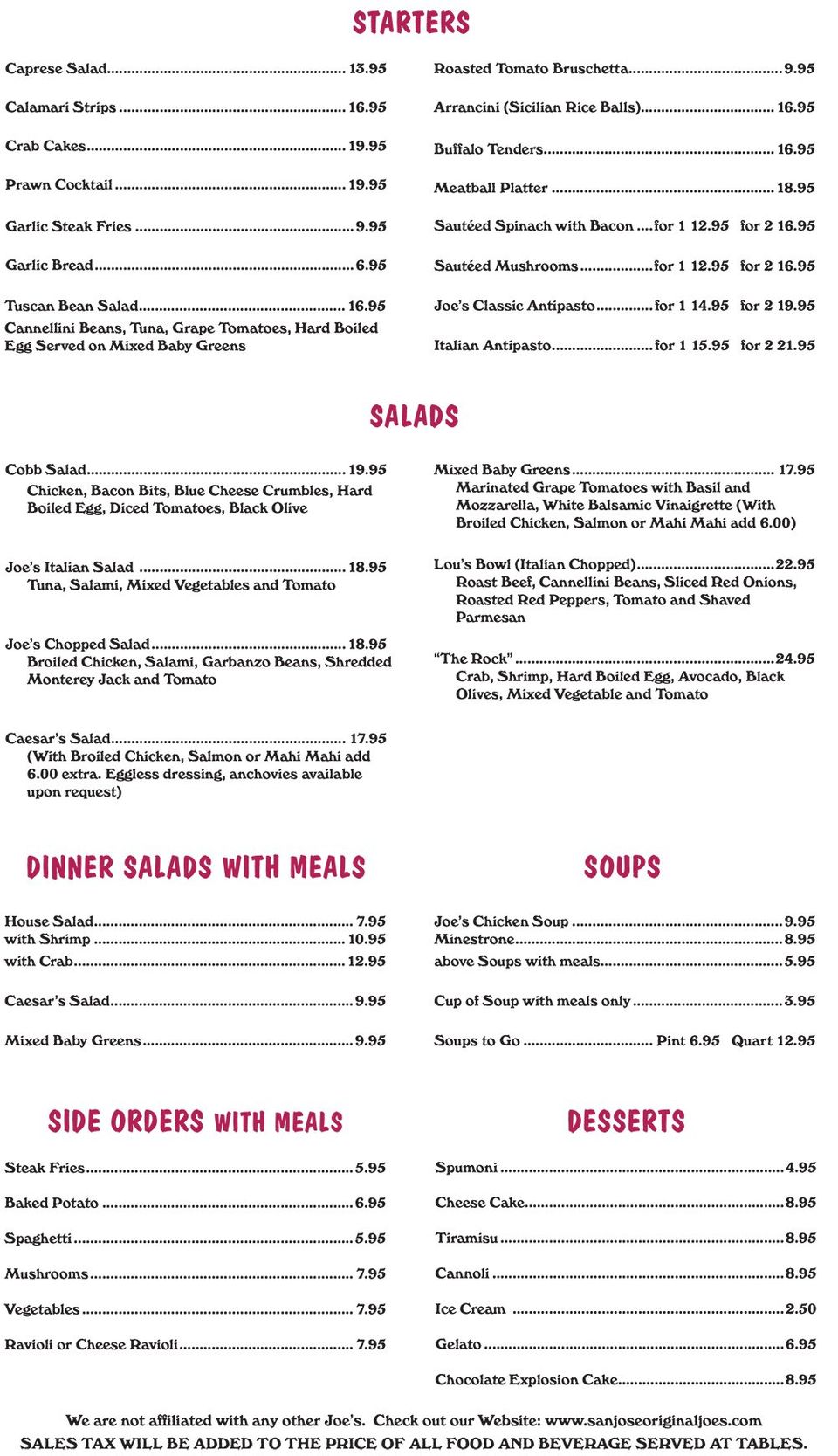 Original Joe's General Menu