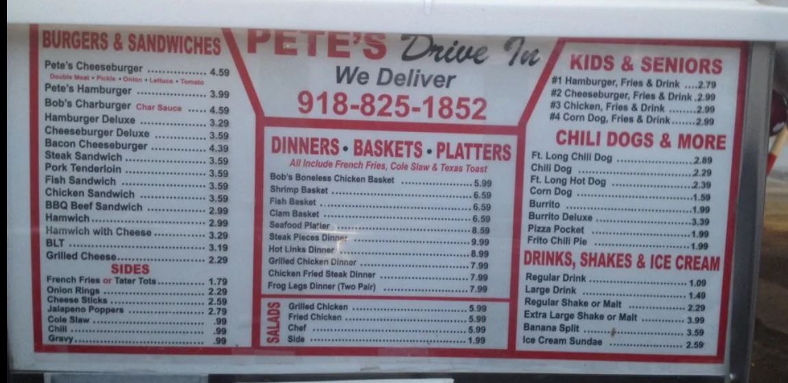 Pete's Drive In General Menu