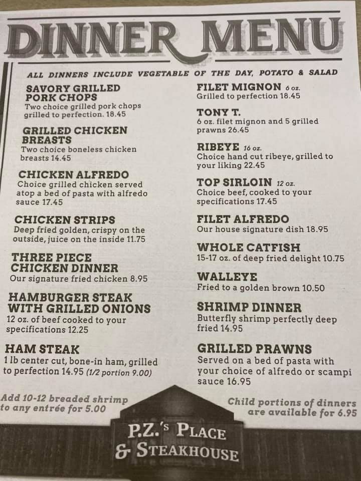 Pz's Place & Steakhouse General Menu