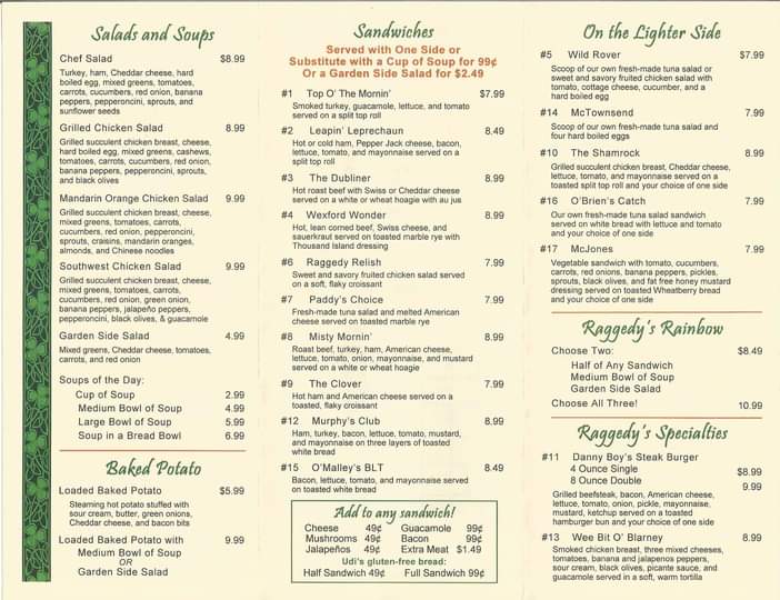 Raggedy's Cafe General Menu