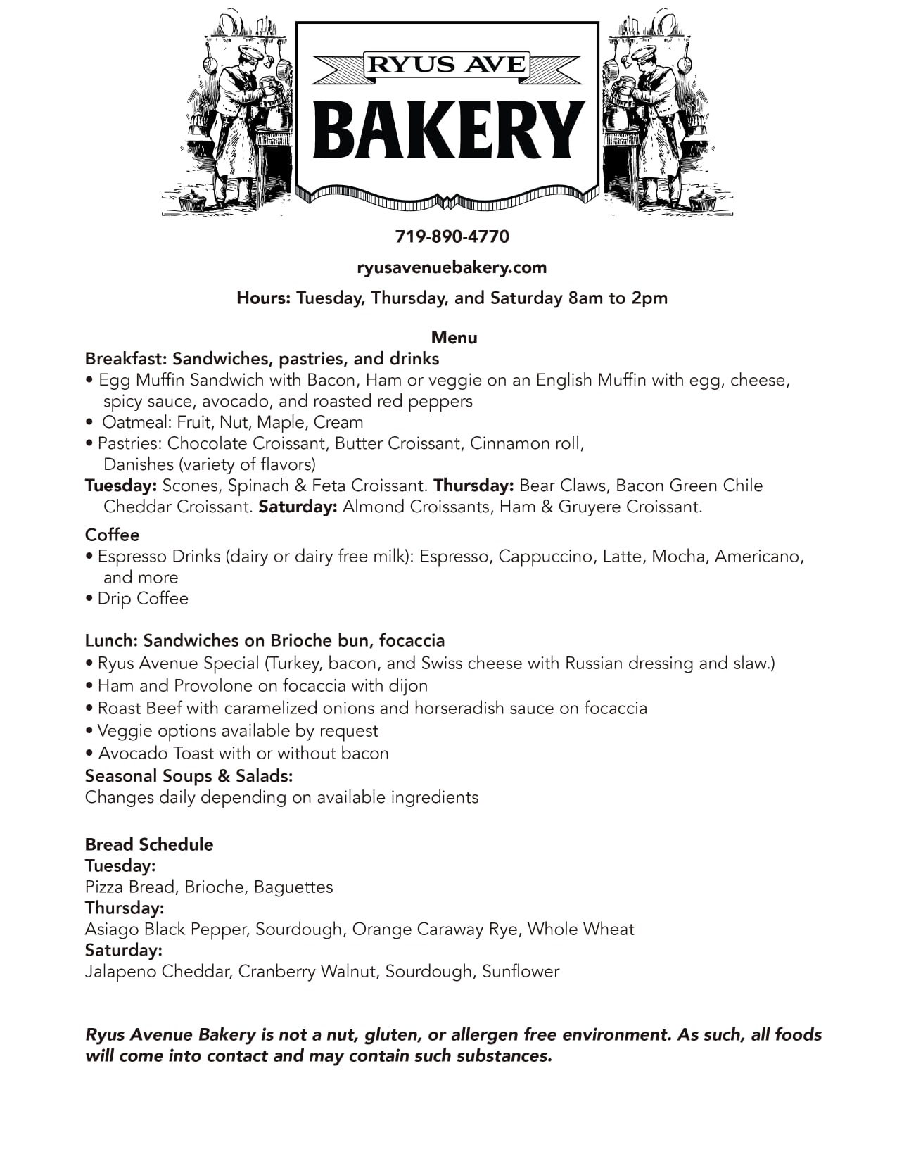 Ryus Avenue Bakery General Menu