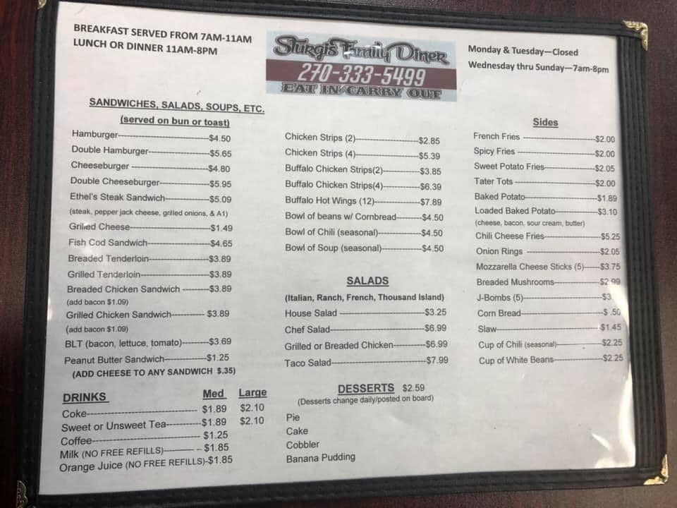 Sturgis Family Diner General Menu