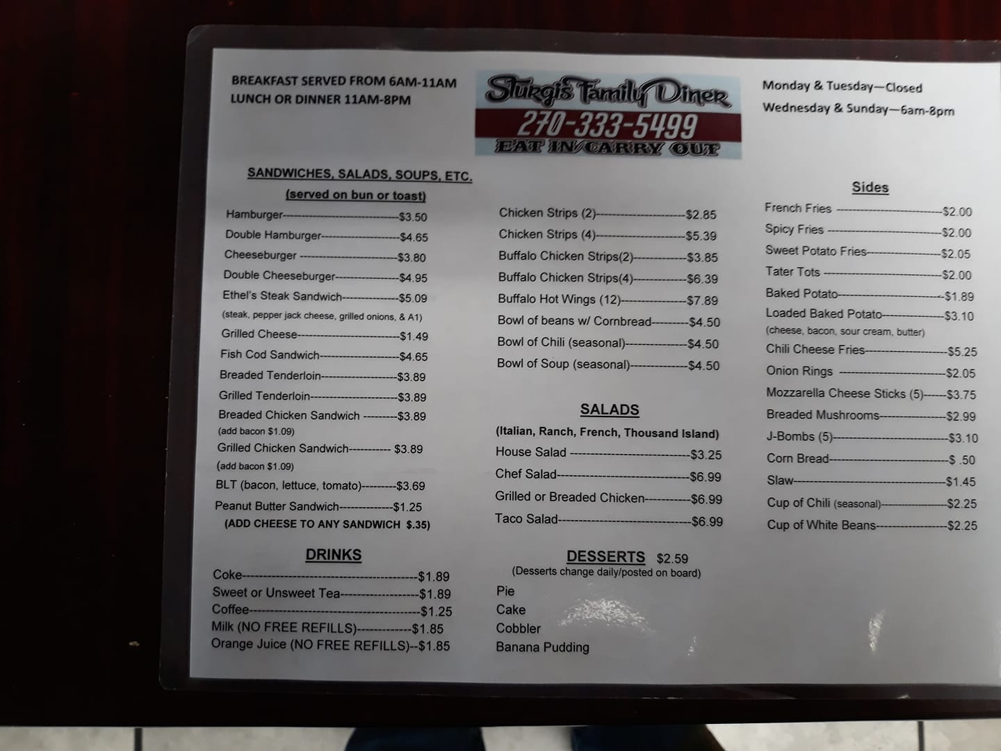 Sturgis Family Diner General Menu