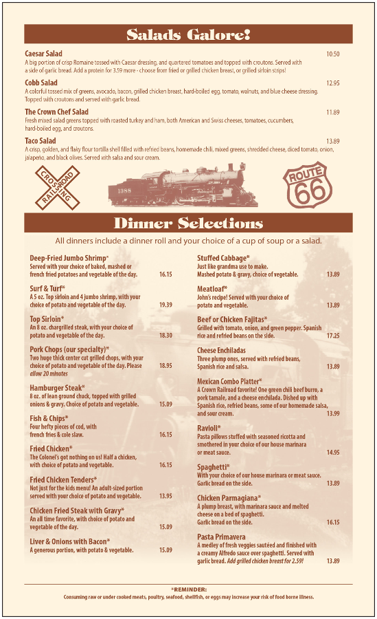 The Crown Railroad Cafe General Menu