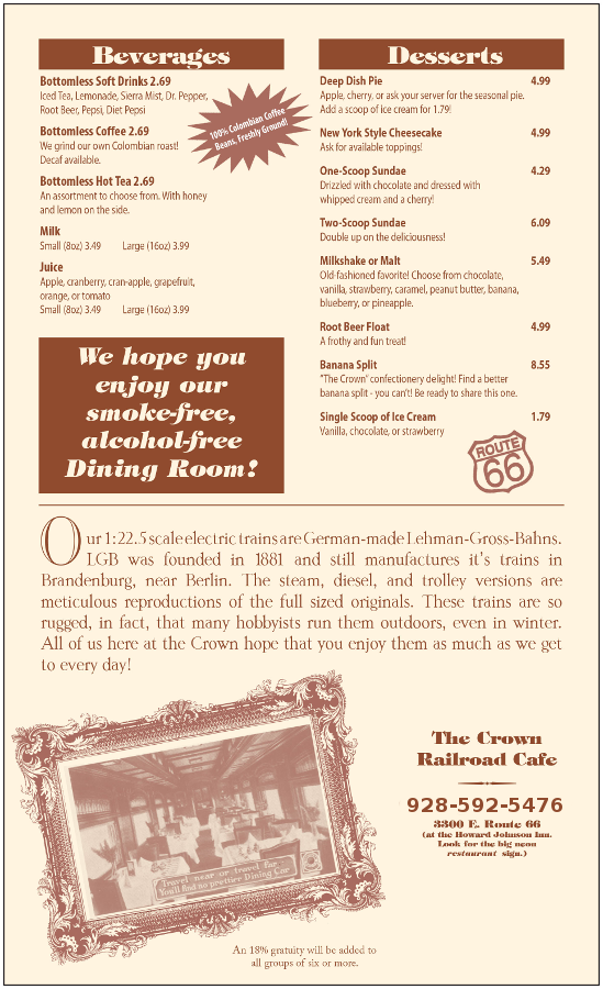 The Crown Railroad Cafe General Menu