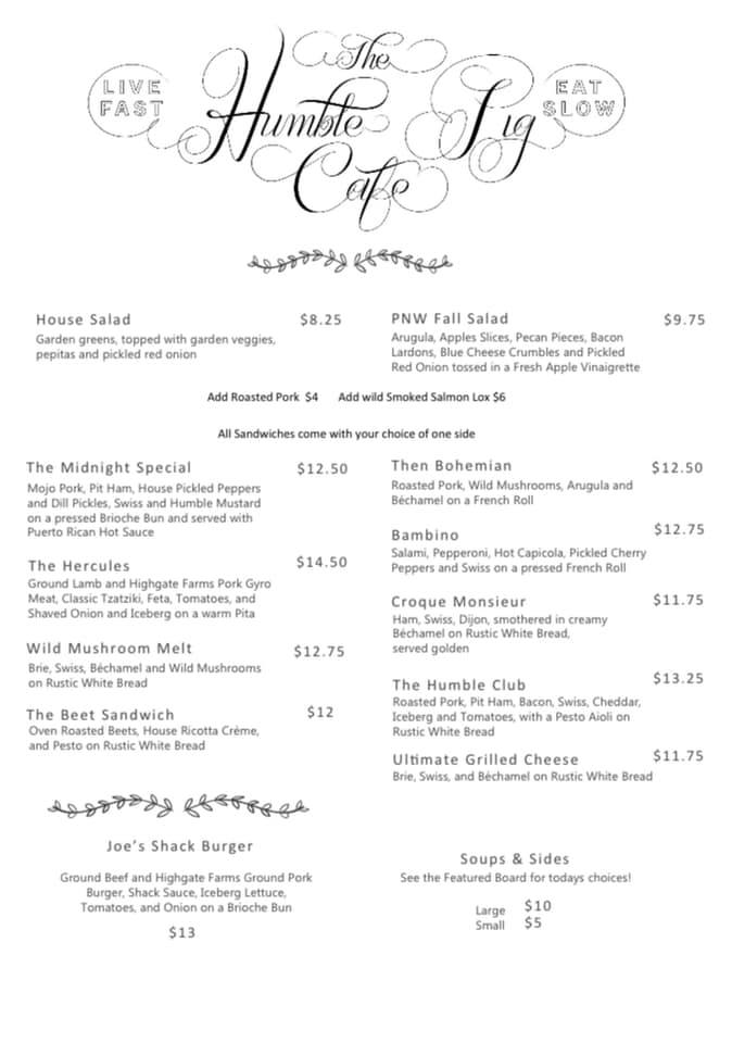 The Humble Pig Cafe General Menu