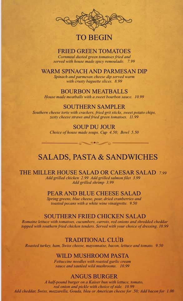 The Miller House General Menu