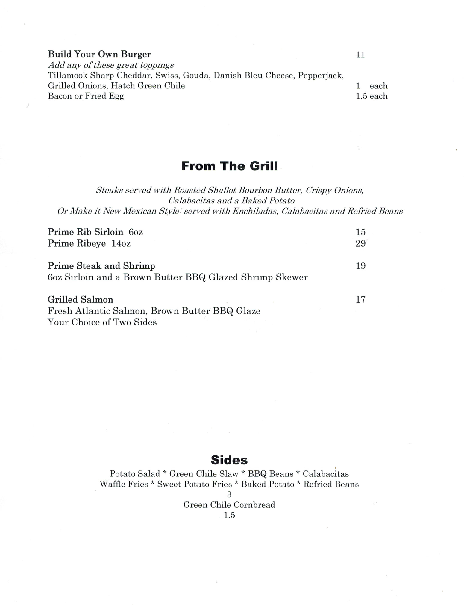 The Ranch House General Menu