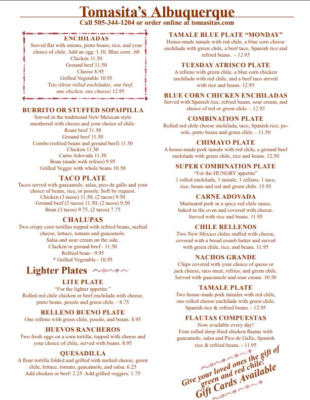 Tomasita’s Albuquerque General Menu